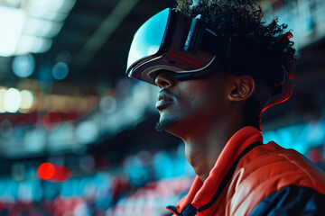 High-resolution shot of an individual using VR technology in a public space with blurred stadium background