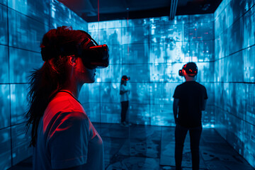 Individuals engage with virtual reality headsets surrounded by reflections in a futuristic setup