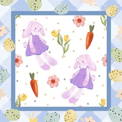 Happy Easter watercolor cute rabbit, animal ,eggs , spring flowers background