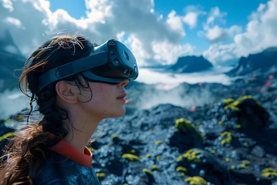 Woman wearing a VR headset stands against a dramatic landscape, the image conveys a sense of discovery and wonder