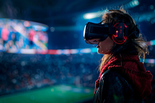 A viewer in a red scarf is fully immersed in a virtual reality headset, experiencing a sports game in a stadium environment