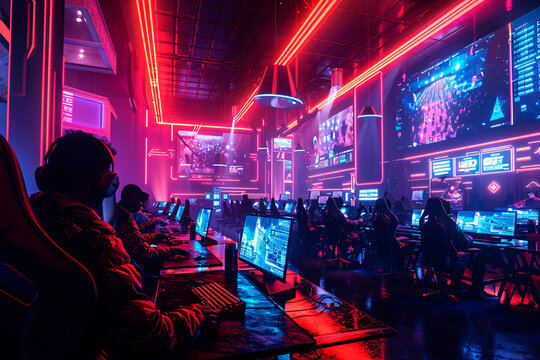 Striking image showcasing gamers at their stations in a high-tech cyber gaming room filled with neon lights
