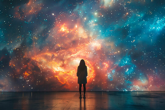 Silhouette of a person standing in awe of a breathtaking cosmic galaxy light projection