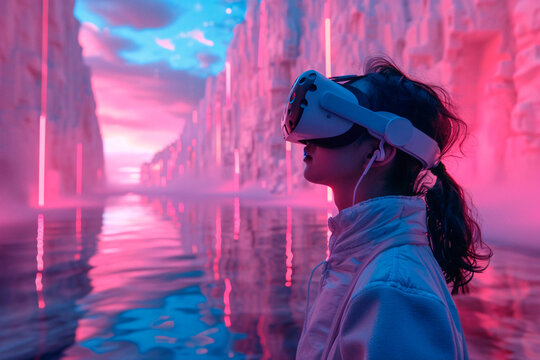 Amidst a neon-lit, cavernous landscape, a woman explores virtual reality wearing a VR headset, fully immersed in this futuristic environment