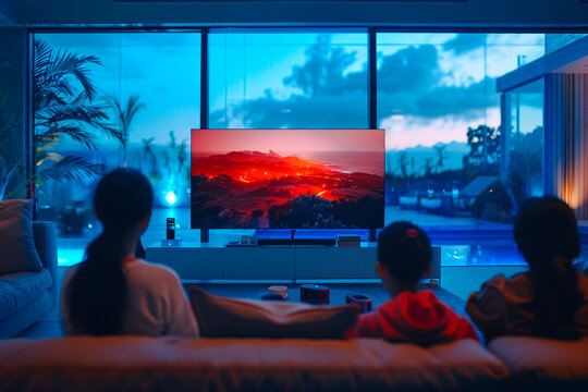 A family is engaged watching a vibrant movie on a flat-screen TV in their cozy, contemporary living room at night