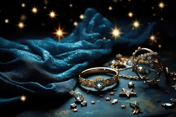 Starlit Night: Jewelry placed on a dark surface. - obrazy, fototapety, plakaty
