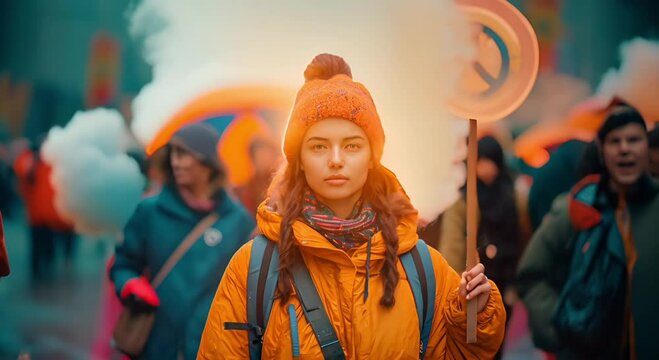 Woman on protest march against nuclear disarmament, in which demonstrators advocate the elimination of nuclear weapons and global peace