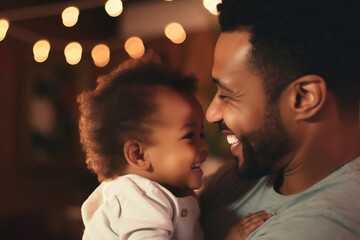Fototapeta premium Tender Embrace between Father and Child, Warm Indoor Lighting Highlights Affectionate Family Moment