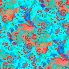 Fototapeta na wymiar Watercolor seamless pattern with beautiful bright abstract elements and leopard spots. Colorful animalistic texture for any kind of a design. Contemporary art. Trendy modern style. 