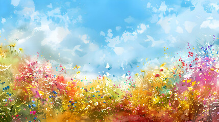 Landscape watercolor meadow with flowers background. 