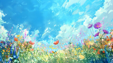 Landscape watercolor meadow with flowers background. 