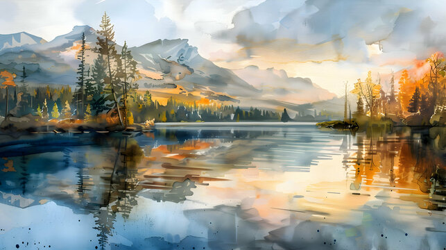 Lake in the mountains watercolor background desktop wallpaper. 