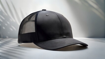 Black Baseball Cap Mockup Front View PNG with Shadow - Isolated Cutout Object - obrazy, fototapety, plakaty