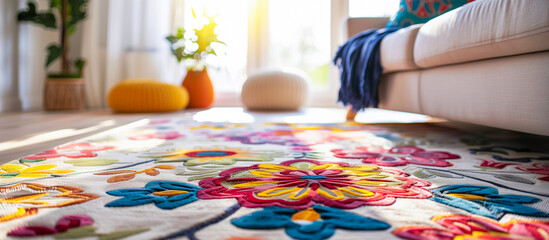 close up of rug floral pattern at cozy living room. clean home concept backgound