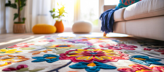 Fototapeta premium close up of rug floral pattern at cozy living room. clean home concept backgound