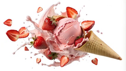 Fototapeta premium Delicious Strawberry Ice Cream Explosion | Perfectly Cut Out on White Background