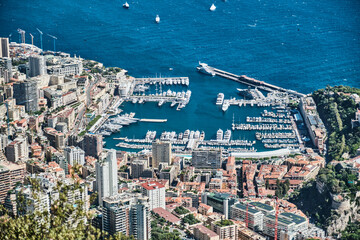 View over Monaco, Monte Carlo and its port at the french Riviera at the mediterranean sea