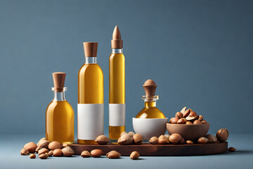 A captivating image featuring Argania oil bottles and seeds, beautifully arranged against a soothing blue backdrop.