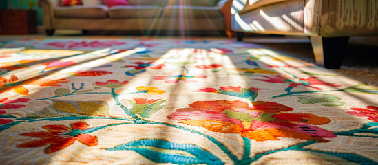 Fototapeta premium close up of rug floral pattern at cozy living room. clean home concept backgound