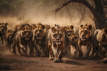 herd of lions walk. - obrazy, fototapety, plakaty