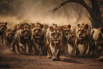 Fotobehang herd of lions walk. © ASGraphics