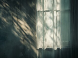Soft light filters through a translucent curtain casting shadow patterns on an old wall.
