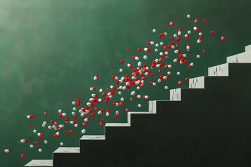 Stairs adorned with bright red and white balloons, creating a festive and whimsical atmosphere
