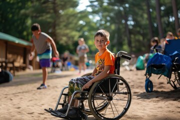Fototapeta premium child in a wheelchair at summer camp. generative ai