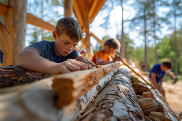 children making a cabin at summer camp. generative ai - obrazy, fototapety, plakaty