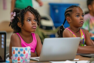 children with laptops at STEM camp. generative ai