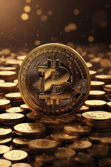 graphics of a gold bitcoin coin against the background of other gold coins