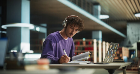 Handsome European Student Studying in a Traditional Library. Young Male Wearing Headphones, Working...