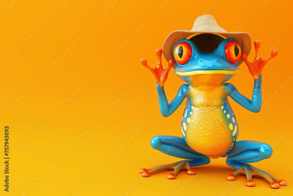 Wall mural a blue yellow frog wearing sunglasses and a hat. the frog is looking at the camera. 3d animal amphib