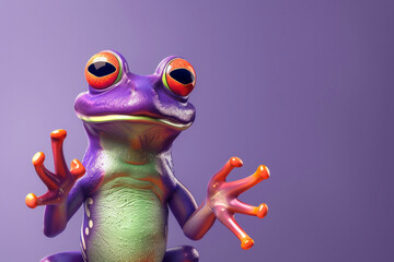 A purple frog wearing sunglasses and a hat. The frog is looking at the camera. 3d animal amphibian illustration - Funny abstract purple frog with hands up, isolated on a purple background banner - obrazy, fototapety, plakaty