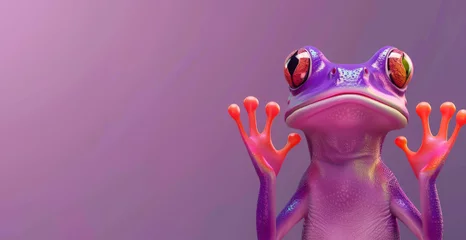 Foto op Canvas A purple frog wearing sunglasses and a hat. The frog is looking at the camera. 3d animal amphibian illustration - Funny abstract purple frog with hands up, isolated on a purple background banner © Nataliia_Trushchenko