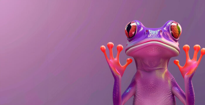 A purple frog wearing sunglasses and a hat. The frog is looking at the camera. 3d animal amphibian illustration - Funny abstract purple frog with hands up, isolated on a purple background banner