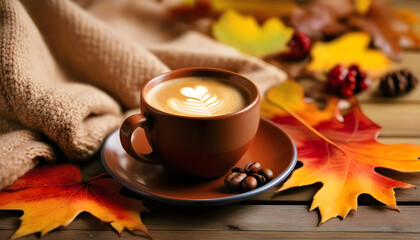 A cup of expresso  coffee on a wooden table with a cozy sweater and autumn leaves in the background