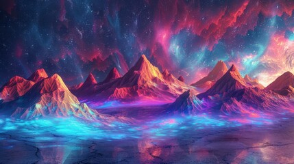 landscape of neon mountains and valleys blending seamlessly with a glowing digital sky
