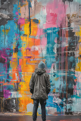 man in front of colored graffiti wall