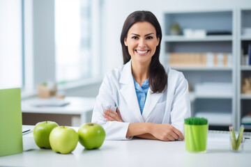 Nutritionist with a Bright Smile Presenting Green Apples, Promoting Healthy Eating Habits