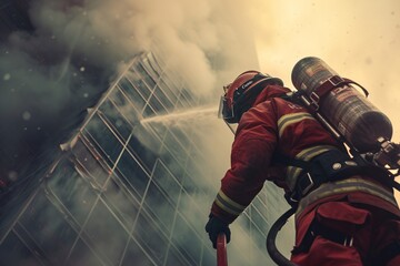 A firefighter valiantly battles a raging wildfire, hose connected to a hydrant, in a dynamic display of courage and determination to quench the inferno.