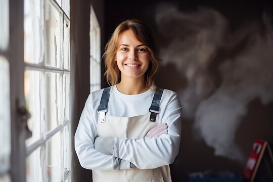 Cheerful Female Painter in Overalls Posing with Arms Crossed Against a Freshly Painted Grey Wall