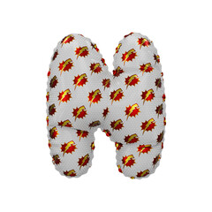 3D inflated balloon letter N with red & yellow power lightning comic hero pattern white surface