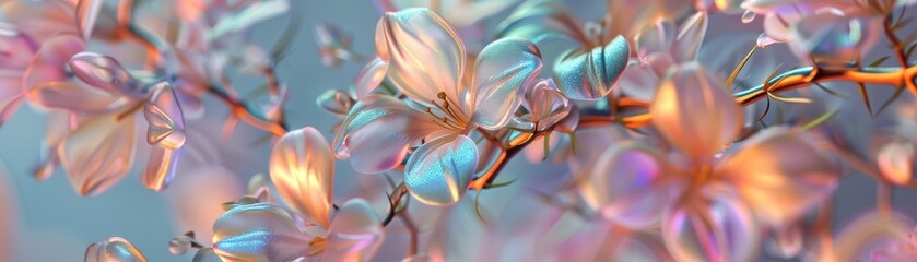 Delicate tendrils of translucent flowers growing from a bed of iridescent leaves