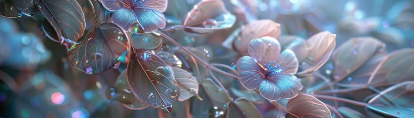 Delicate tendrils of translucent flowers growing from a bed of iridescent leaves - obrazy, fototapety, plakaty