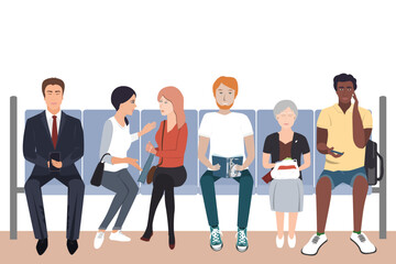 People are sitting in the subway. Cartoon characters. Men and women go to work and study. Vector isolated illustration.