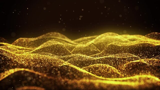Beautiful Luxury golden particles wave lines with layers. stardust sparkling flowing up. cyberspace. for award ceremony event. Digital Art. Modern background. motion design. Loopable. LED. 4K
