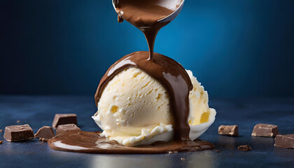 Chocolate melting while poured over a vanilla ice cream scoop isolated on dark blue backgroud