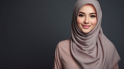 Portrait of islamic woman smiling. Pretty muslim girl. Beautiful asian muslimah woman model posing on grey wall studio. Portrait Of Arab Beauty. copy space - generative ai
