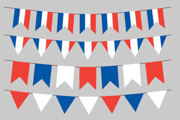 French flag bunting set (French: drapeau français). Isolated French flag bunting garland element for decoration party parade festival Bastille day. 